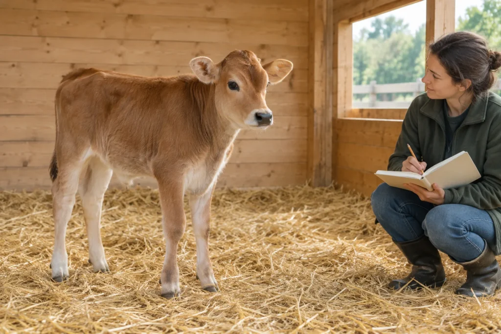 Ein braunes Kalb steht auf Stroh, während eine Betreuungsperson mit einem offenen Notizbuch und einem Bleistift daneben sitzt.